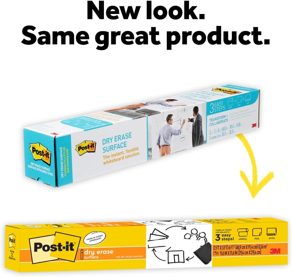Post-it Dry Erase Peel-and-Stick Whiteboard Film – 3 ft × 2 ft, Removable Writable Surface